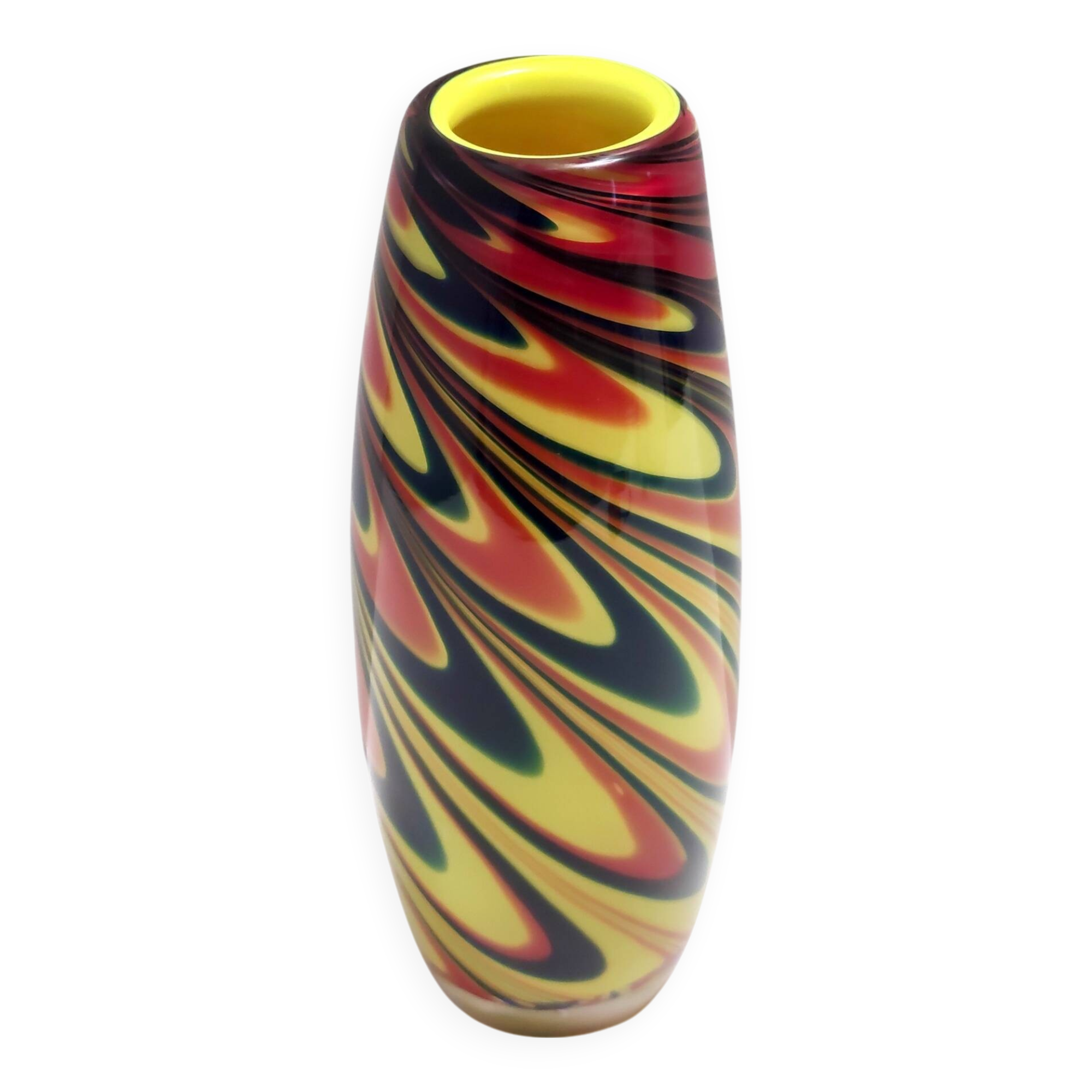 Black, Red and Yellow Encased Hand-Blown Murano Glass Flower Vase, Italy