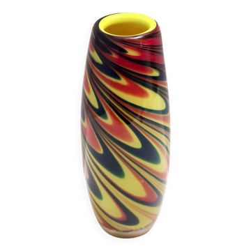 Black, Red and Yellow Encased Hand-Blown Murano Glass Flower Vase, Italy
