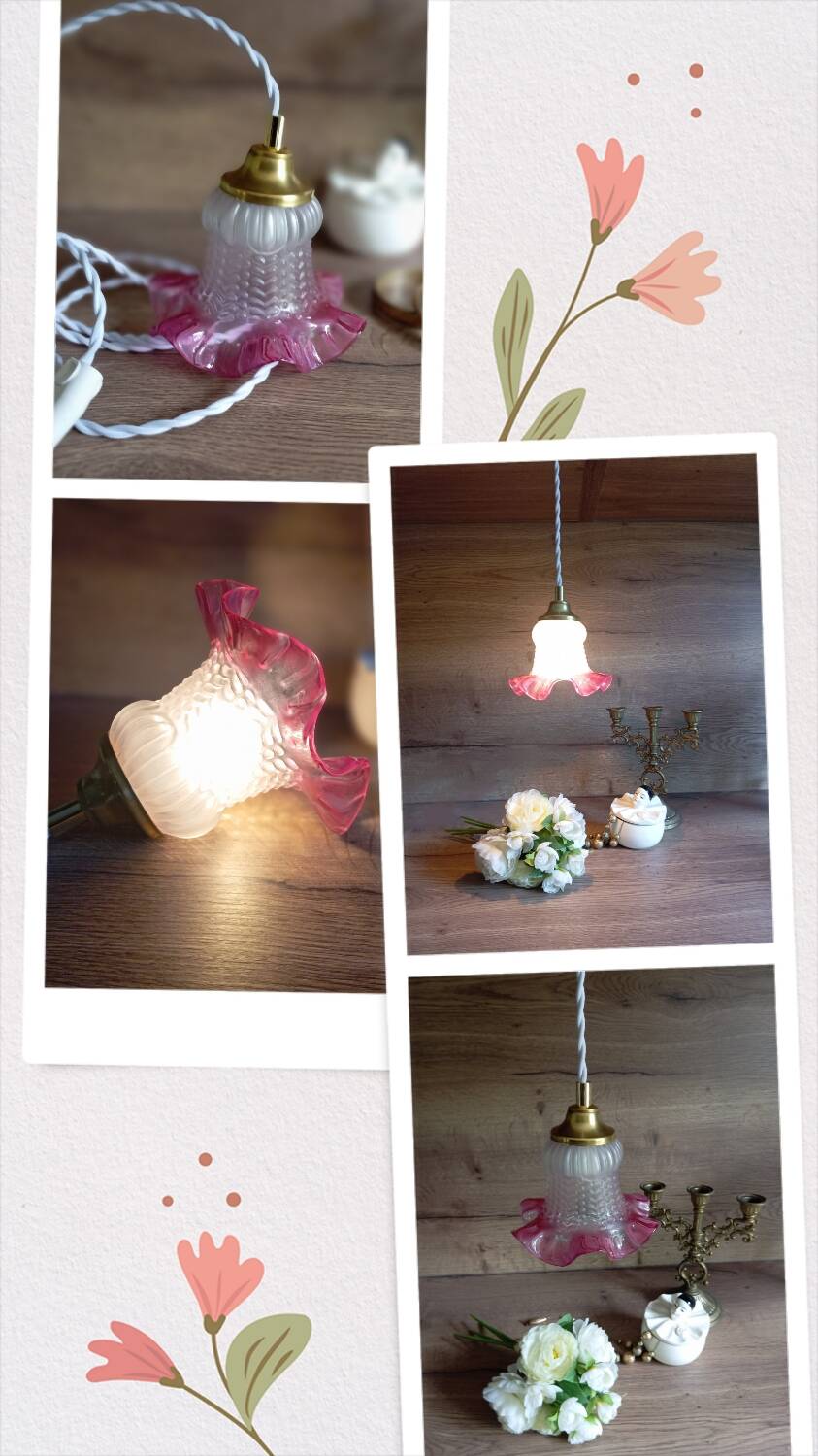 Lampe baladeuse en verre juponné vieux rose
