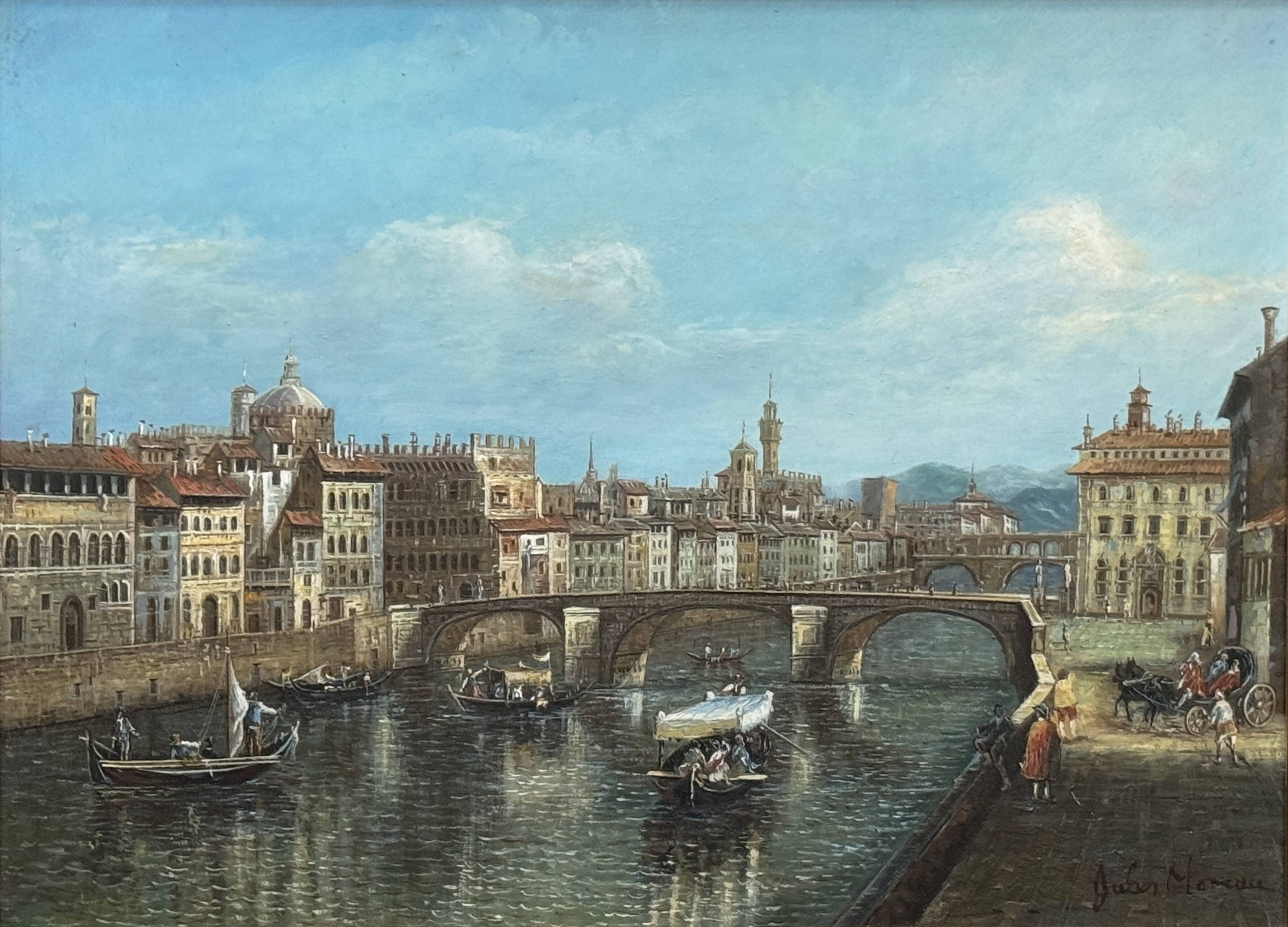 Oil on panel "The Arno at the Santa Trinita Bridge"