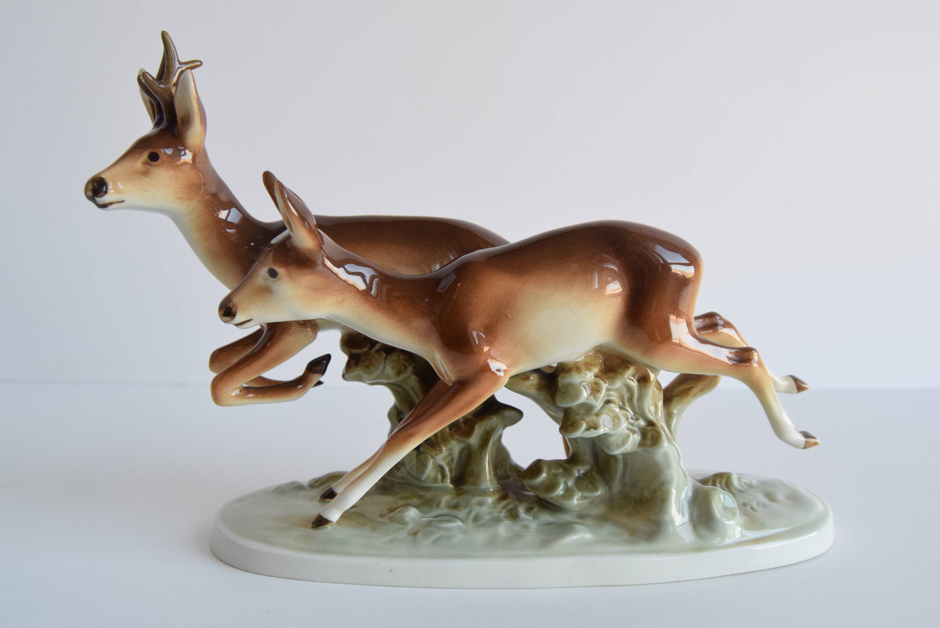 Vintage Porcelain Sculpture Roe Deer and Doe, by Royal Dux, 1960's.