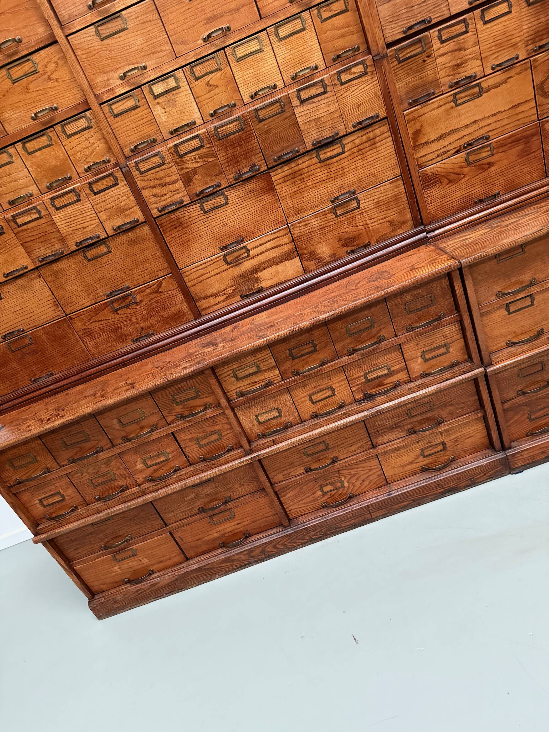 Antique very large American oak grain / apothecary cabinet, ca 1900