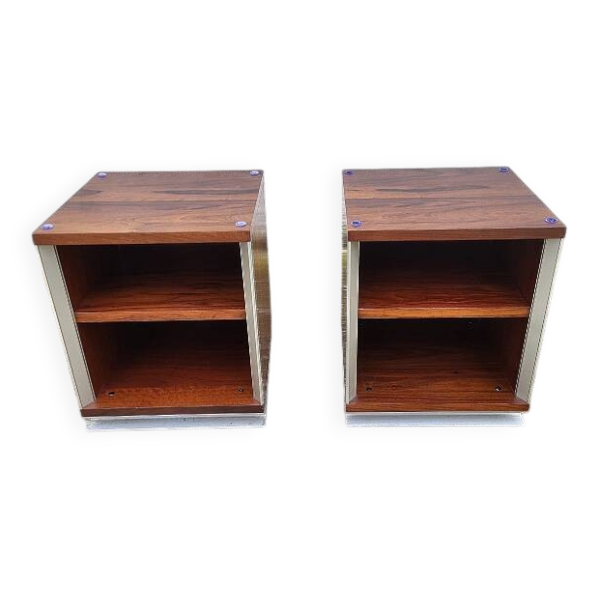 Vintage aluminium and wood bedside tables.