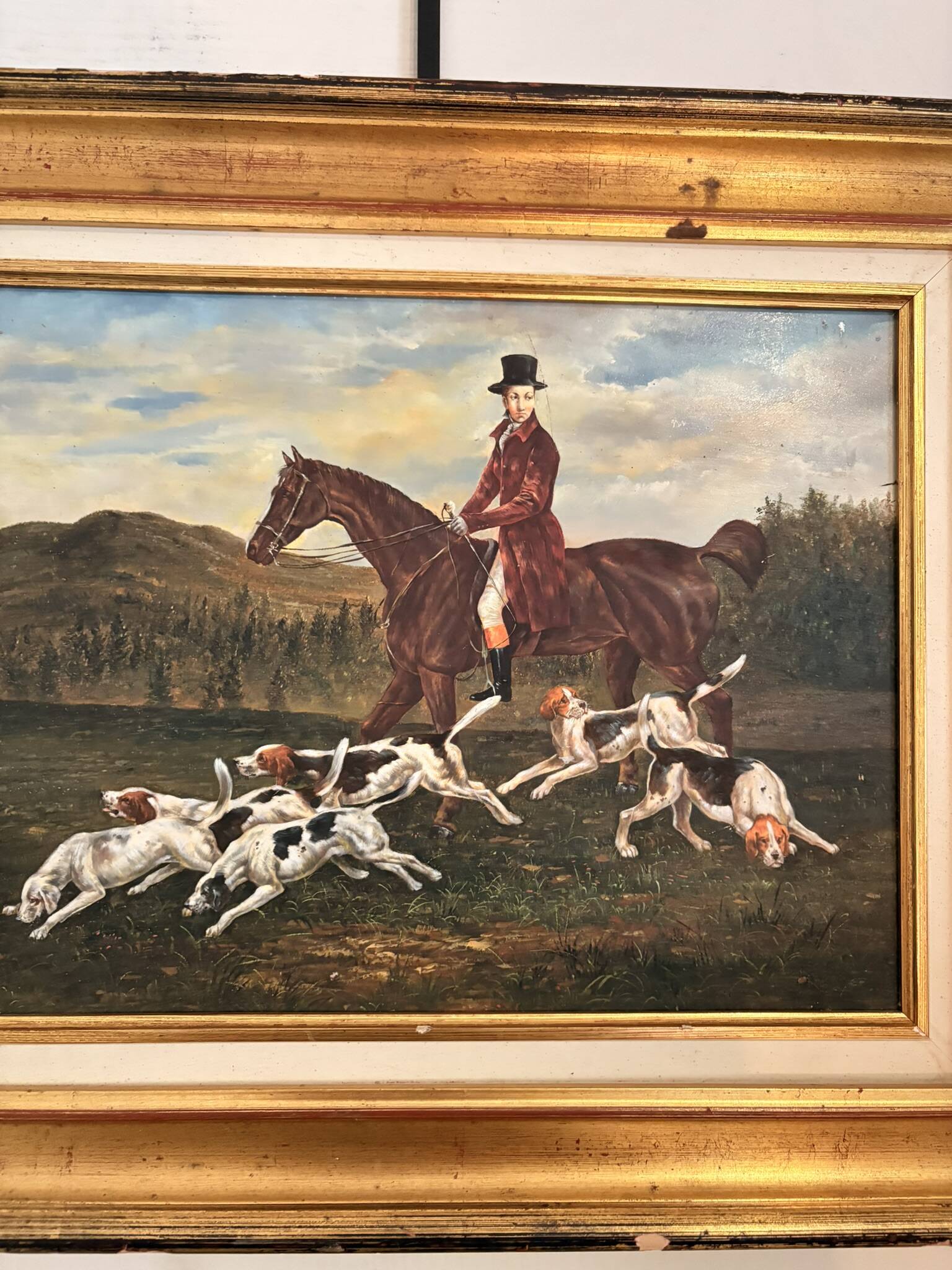 Oil Painting on Wood Panel with Golden Frame, English Hunting Dog