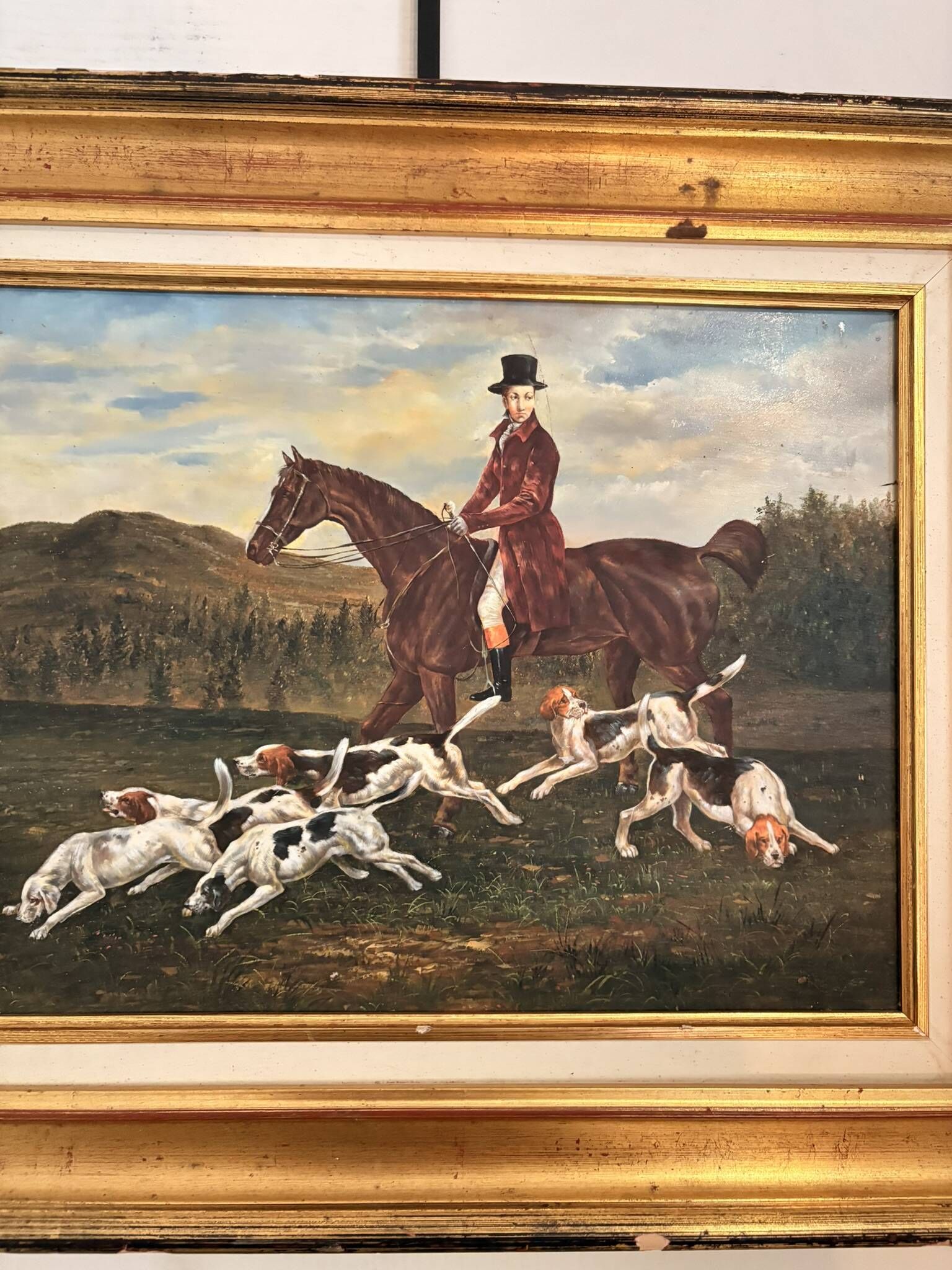 Oil Painting on Wood Panel with Golden Frame, English Hunting Dog