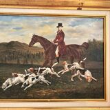 Oil Painting on Wood Panel with Golden Frame, English Hunting Dog