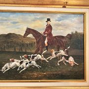 Oil Painting on Wood Panel with Golden Frame, English Hunting Dog