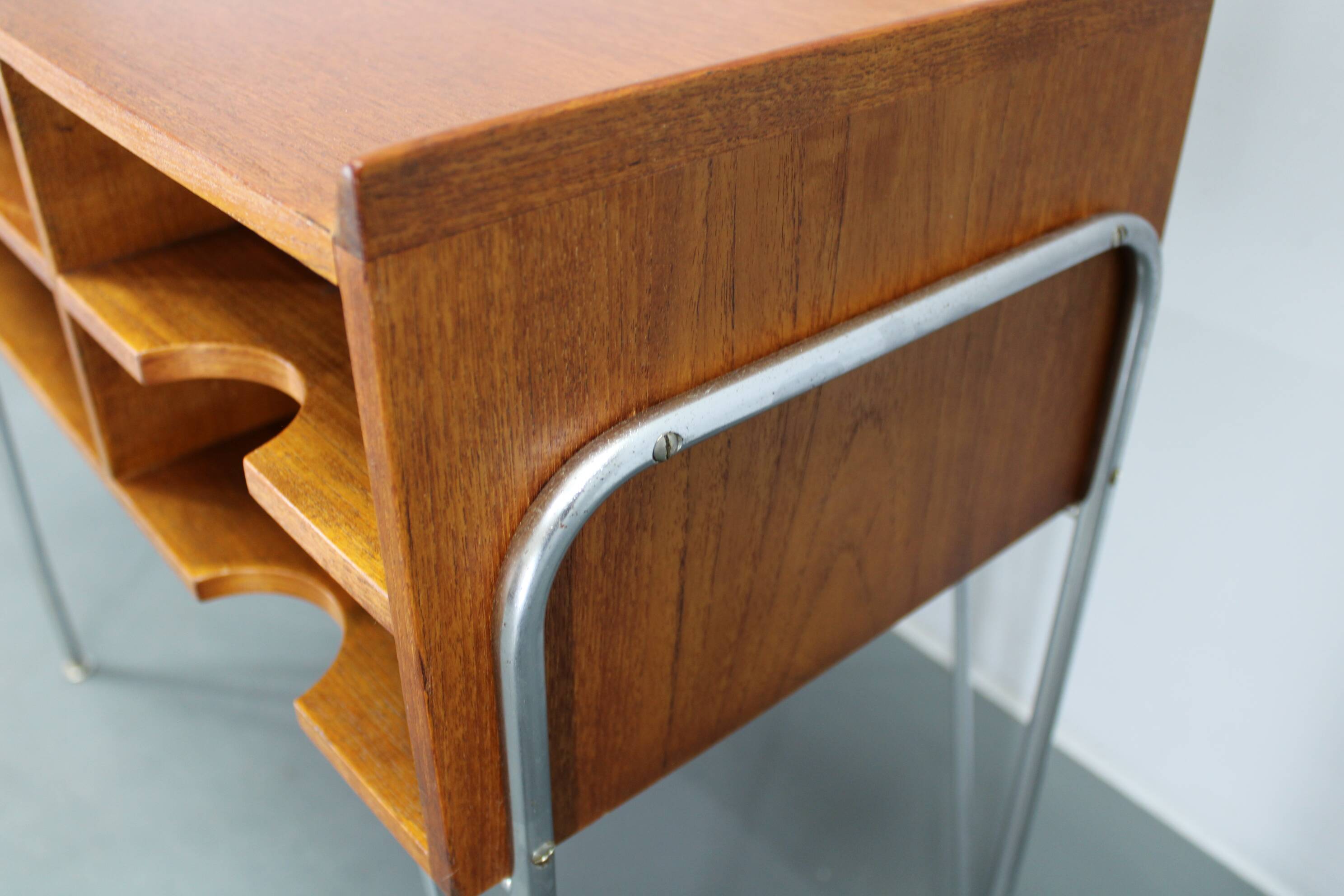 1960s Danish teak shelf cabinet with chrome plated legs