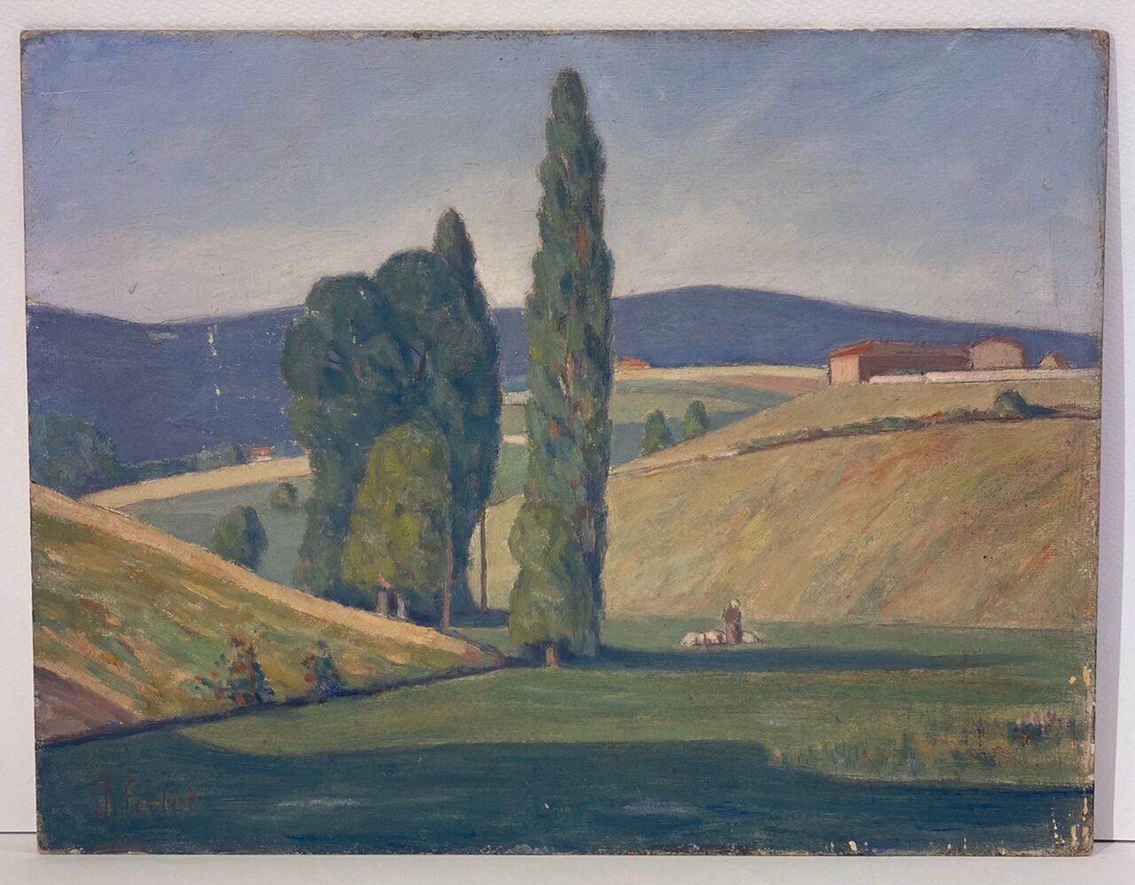 Tableau ancien, paysage Monts du Lyonnais daté 1948 et signé