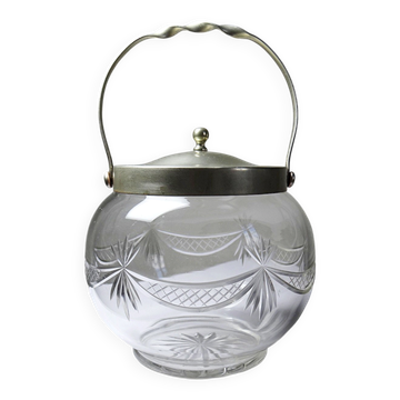 Bonbonnière ancienne en cristal de Bohème gravé et métal argenté 1920-1940