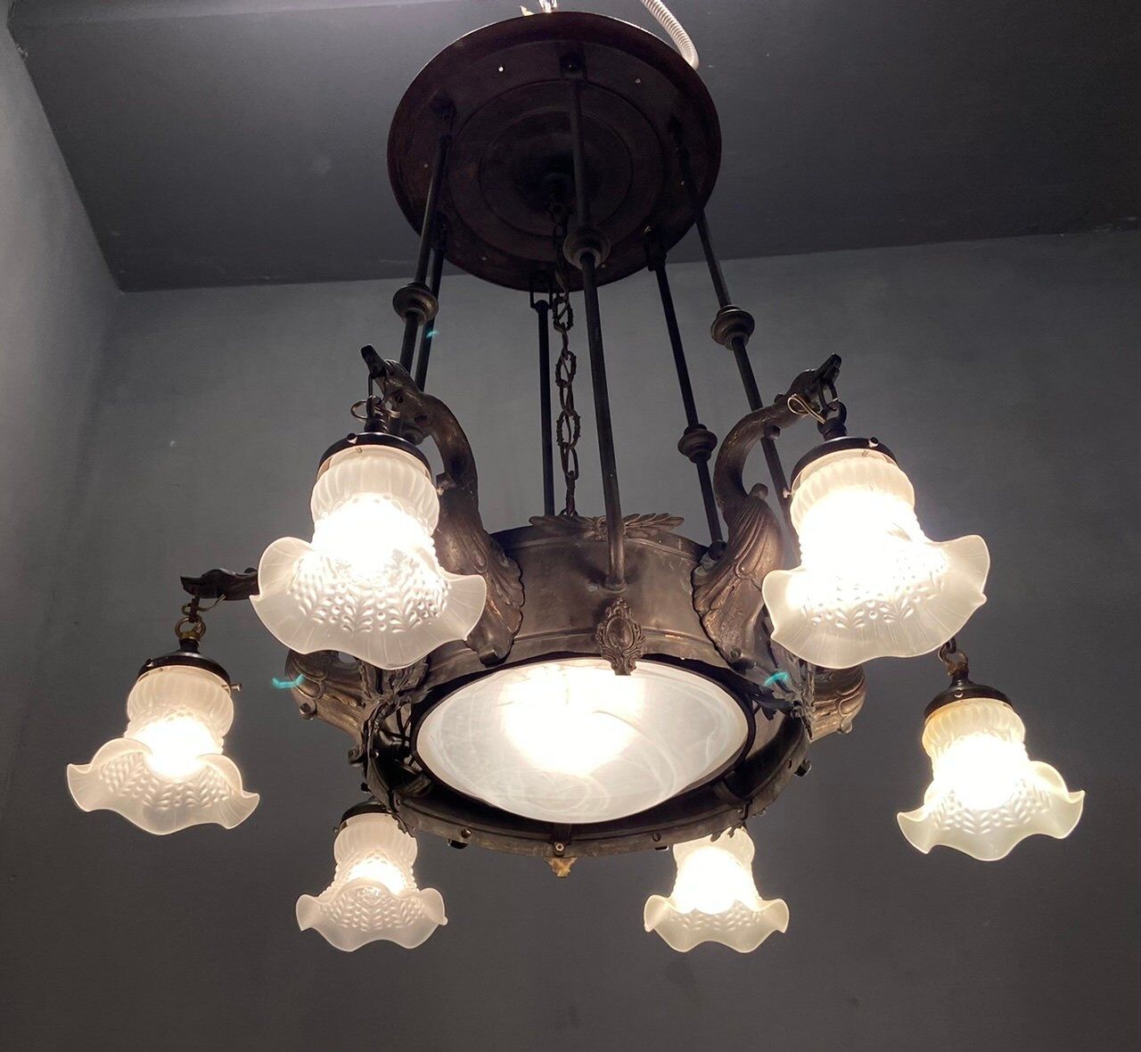 Antique italian liberty chandelier in bronze, 1940s