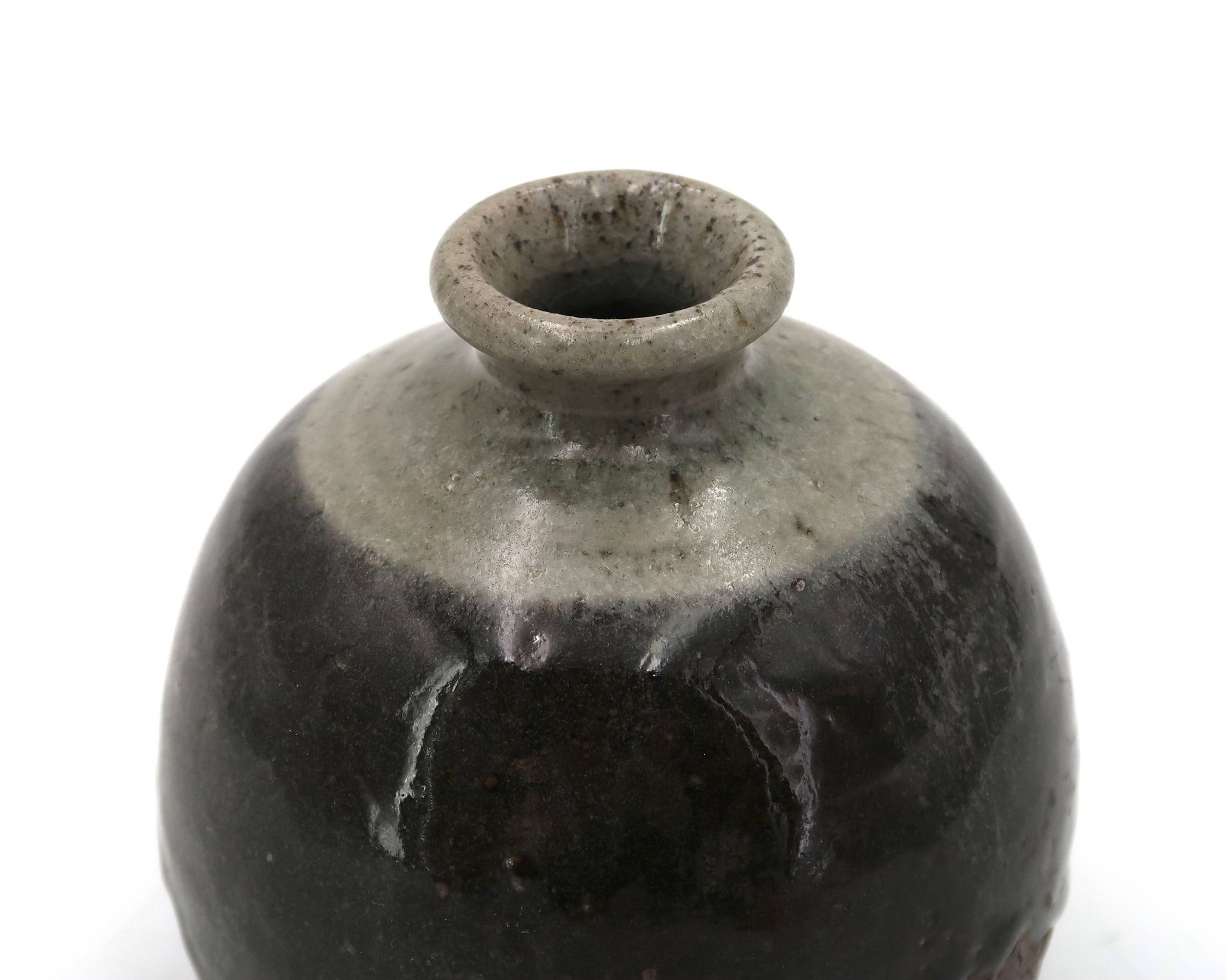 Wabi-sabi round vase in stoneware with green glazing, 1970s ceramics.