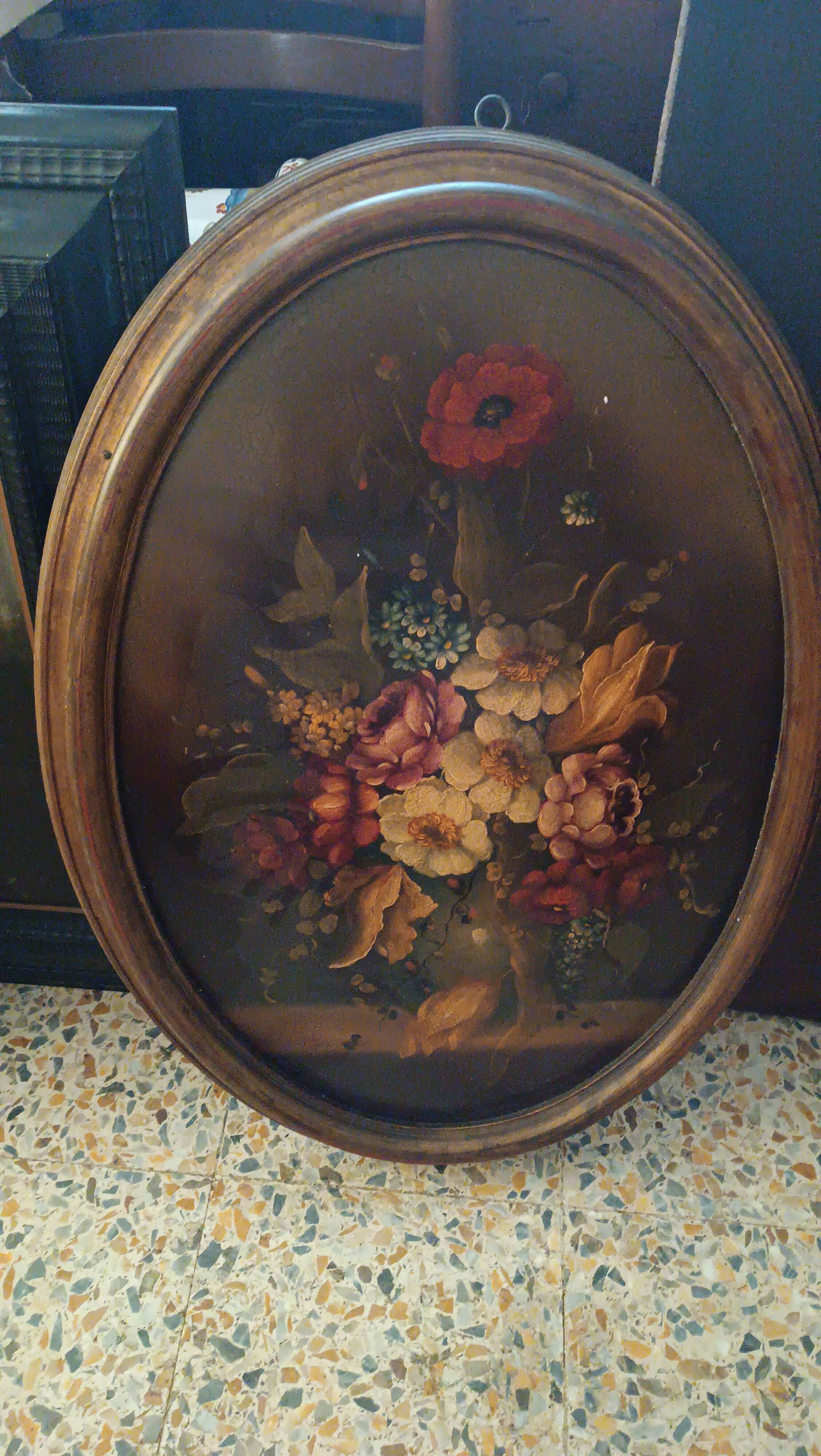 Peinture huile sur panneau ovale fleurs