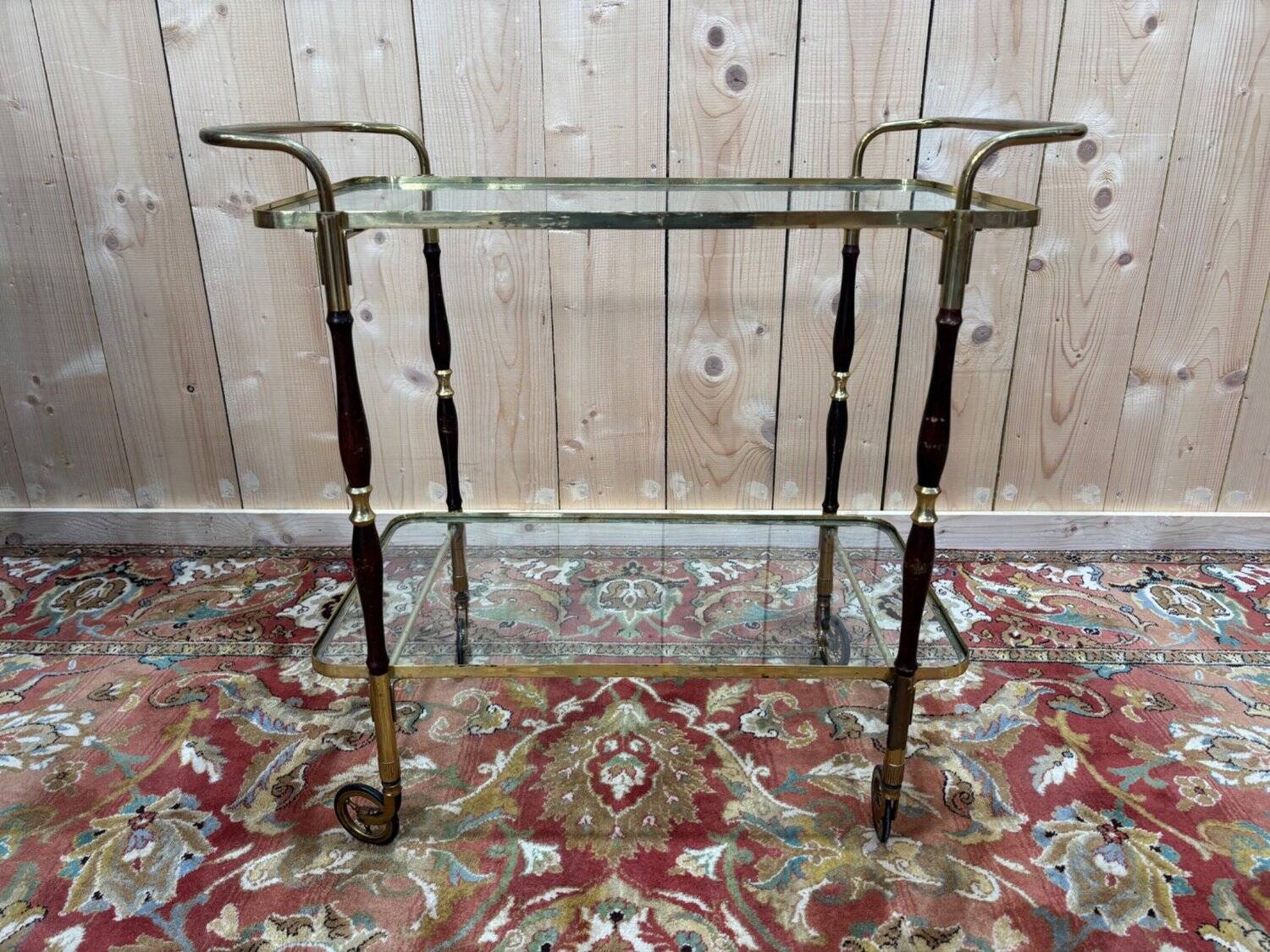 Glass, brass, and wood side table from the 1950s/60s.
