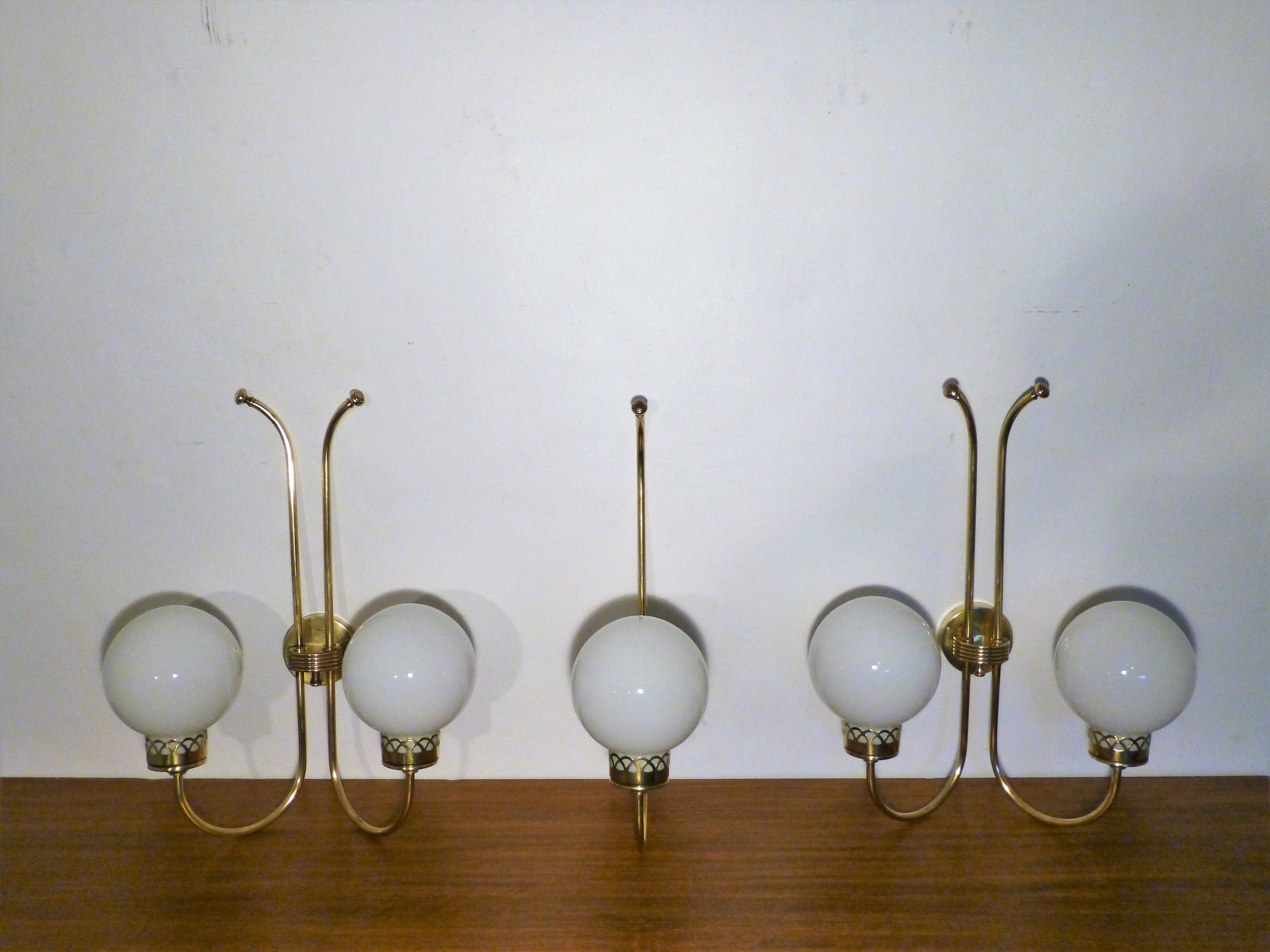 Trio of applique art deco brass and opaline. 1940