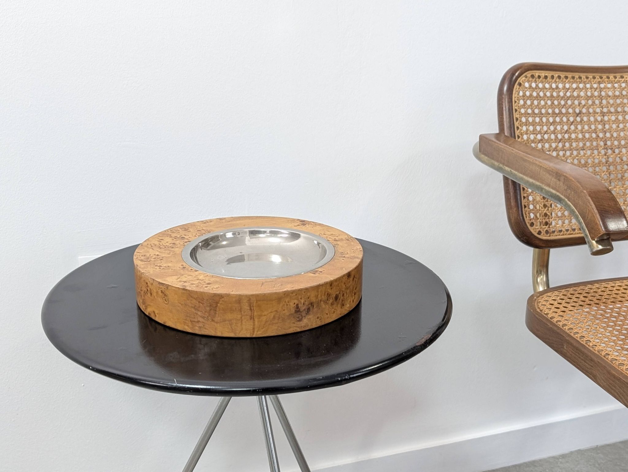 Italian Burl Wood & Steel Ashtray in the Style of Tomasso Barbi, 1970s