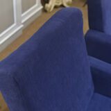 Pair of armchairs and ottoman vintage 1950 in blue velour and brass