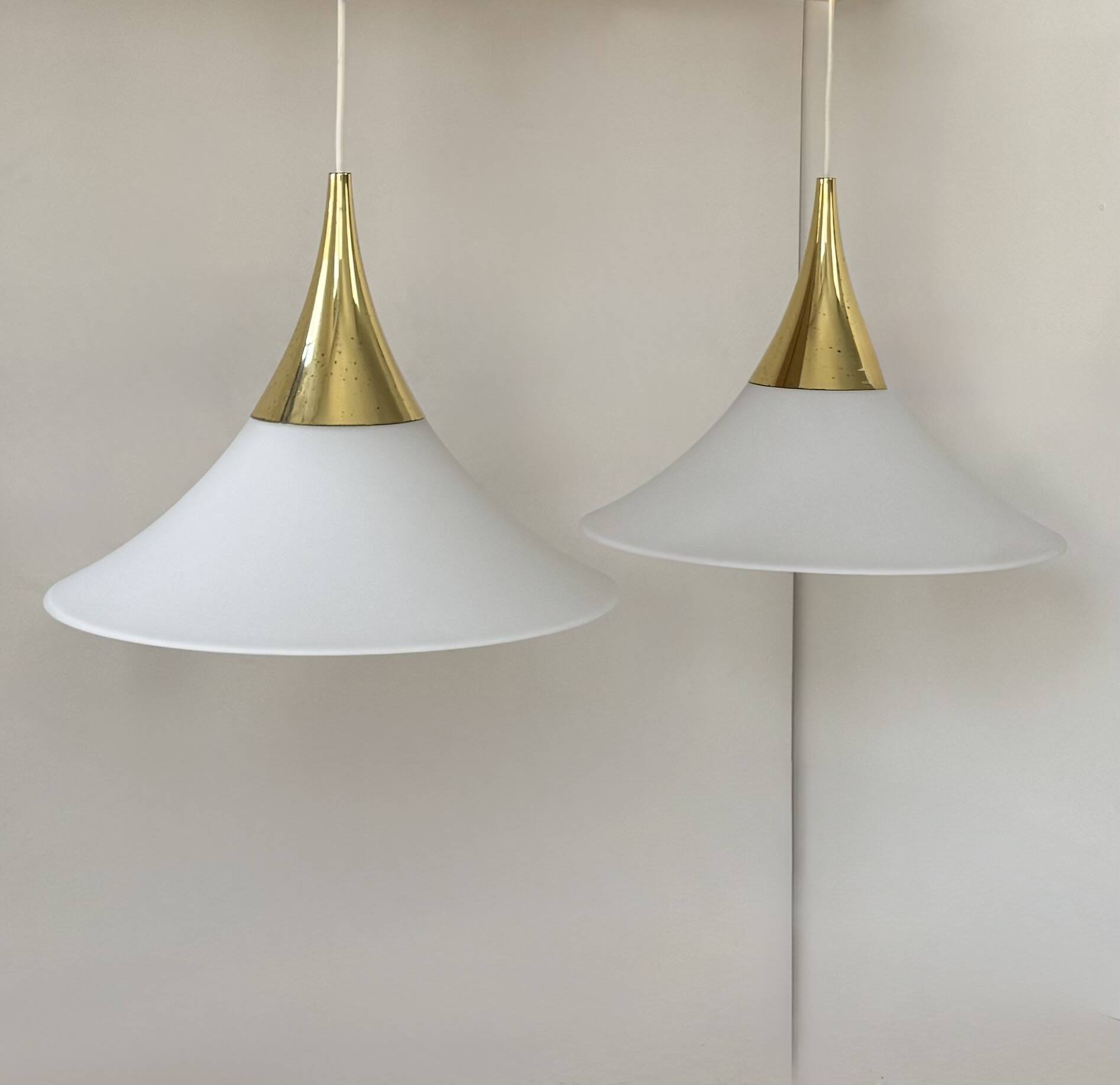 XL Pair of vintage pendants by Limburg, brass and opaline, Germany 1