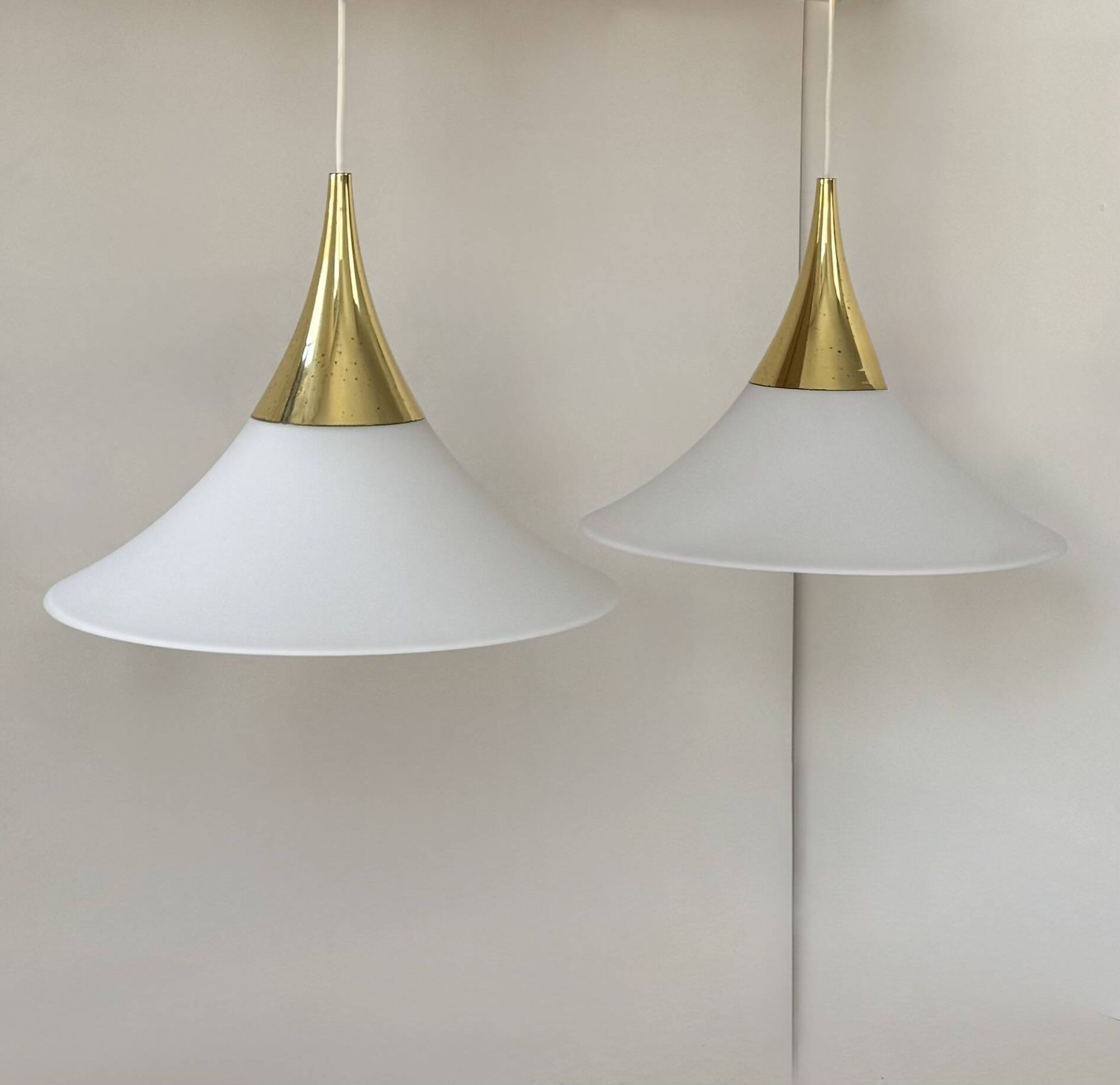XL Pair of vintage pendants by Limburg, brass and opaline, Germany 1