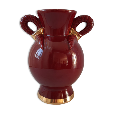 Vase St Clément bordeaux et doré années 50