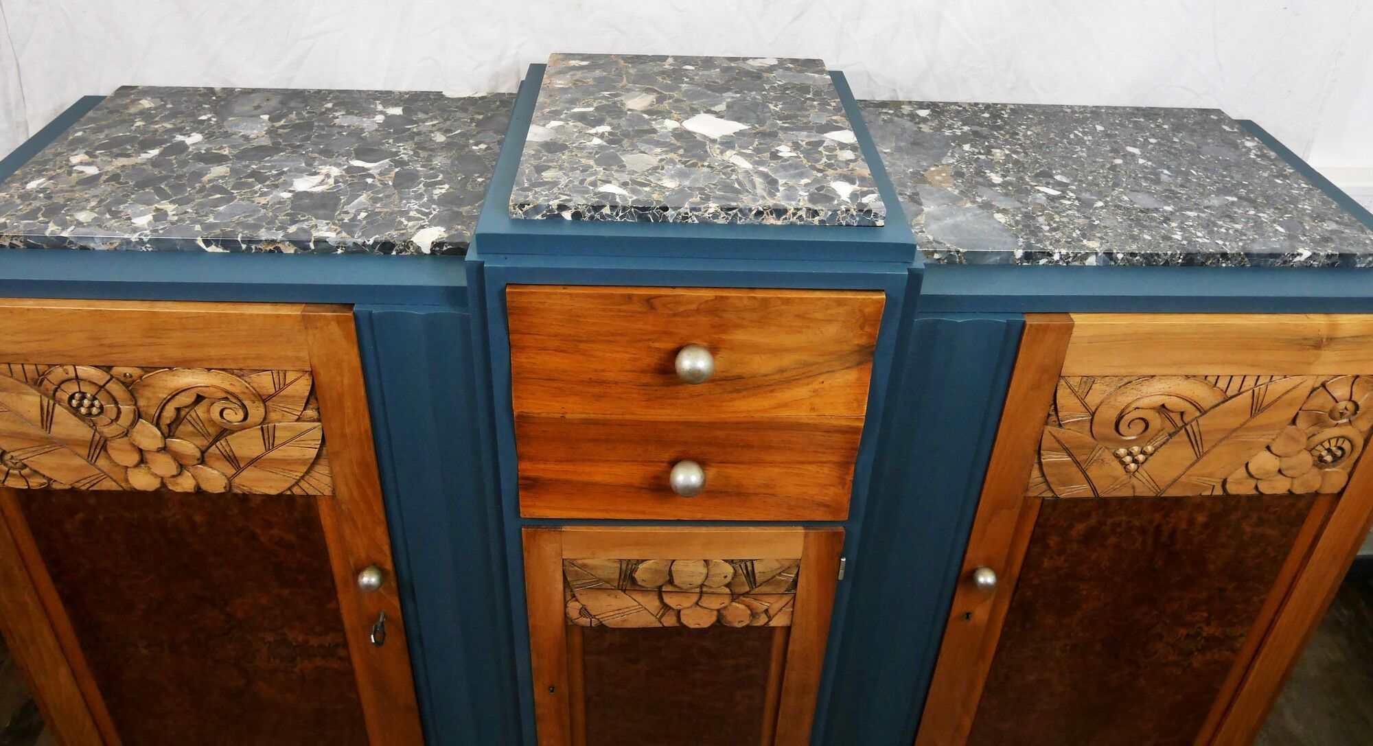 Sideboard Enfilade mirror Art Deco with floral motifs marble top