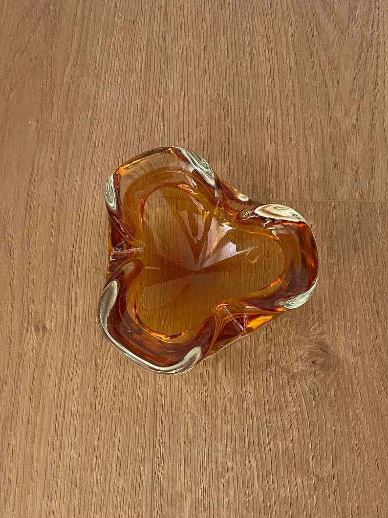 Vintage amber art glass ashtray in Murano style, sculptural free-form hand-blown bowl, glass catchall, Mid-Century Italy.