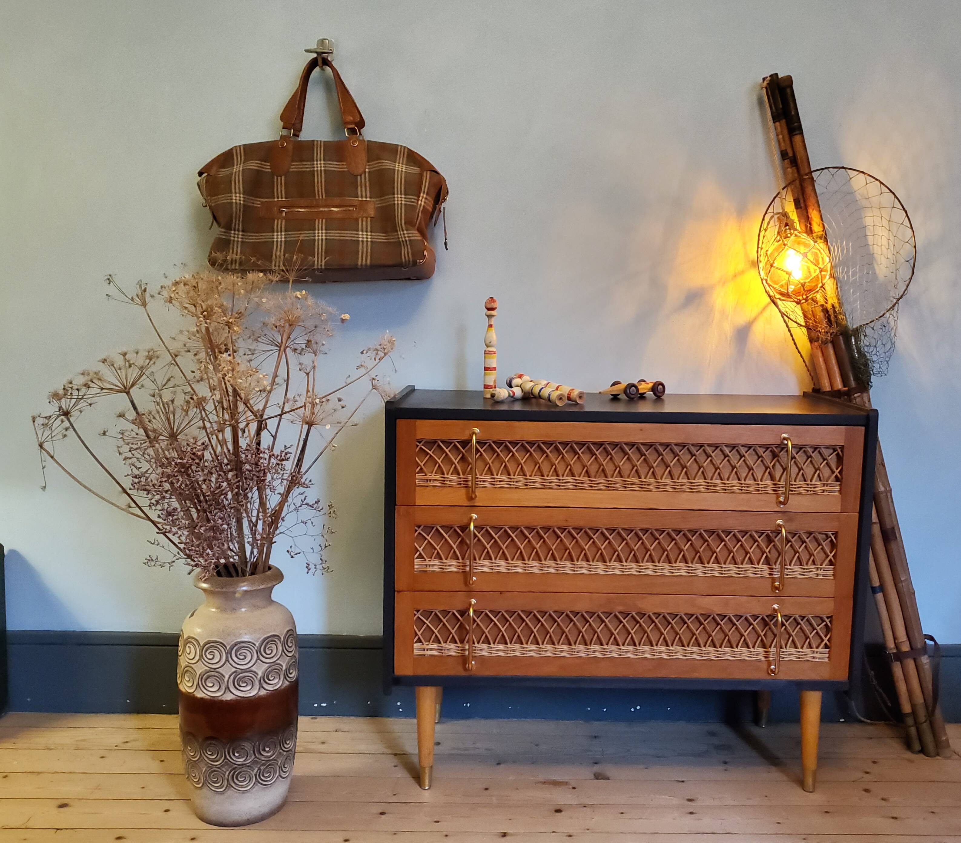 60's wood and rattan dresser