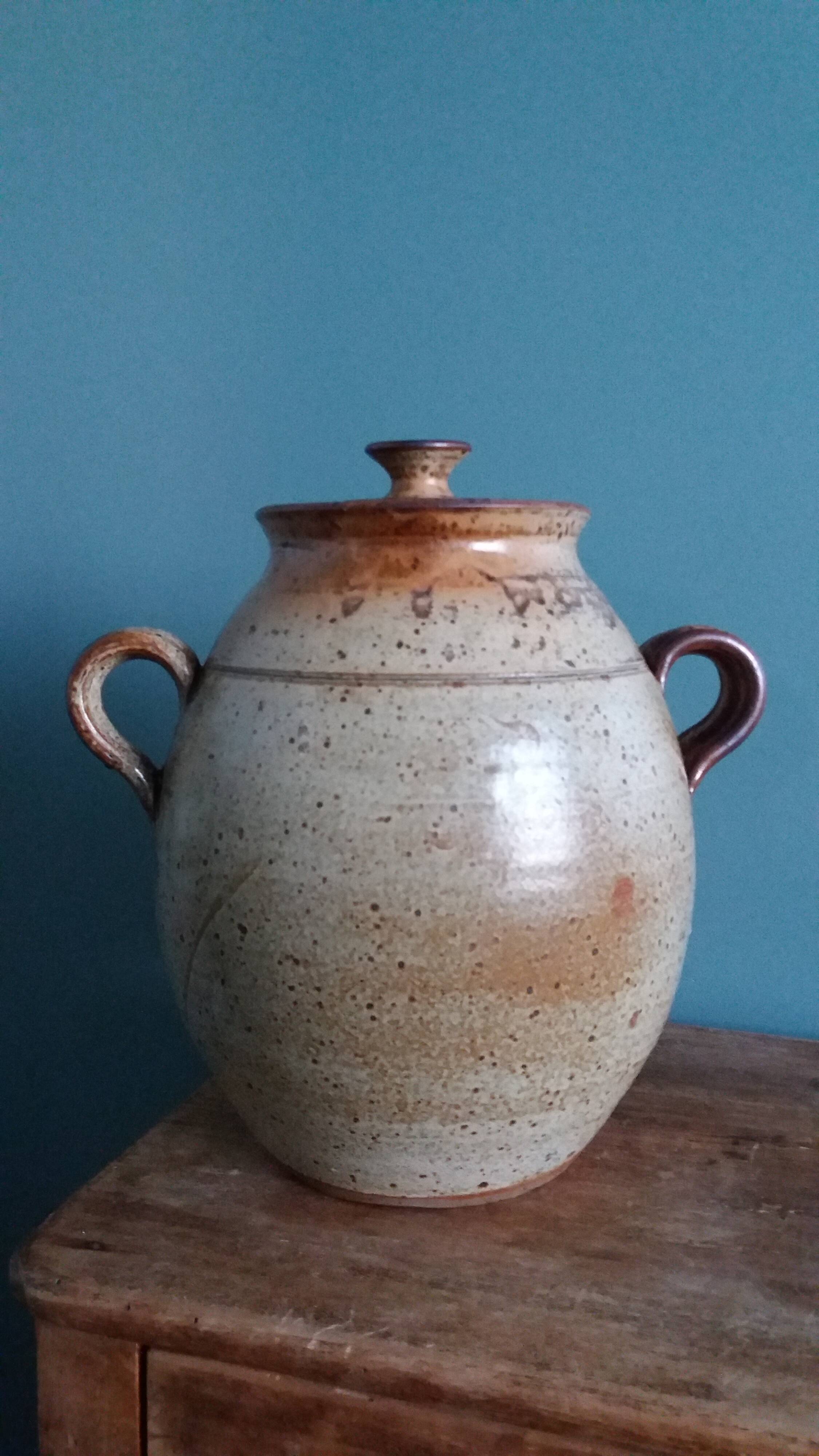 Vinaigrier pot alcohol jar signed Jean-Pierre Prud’homme stoneware from Puisaye