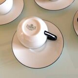 Set of eight white porcelain cups with blue edging / vintage 70s-80s