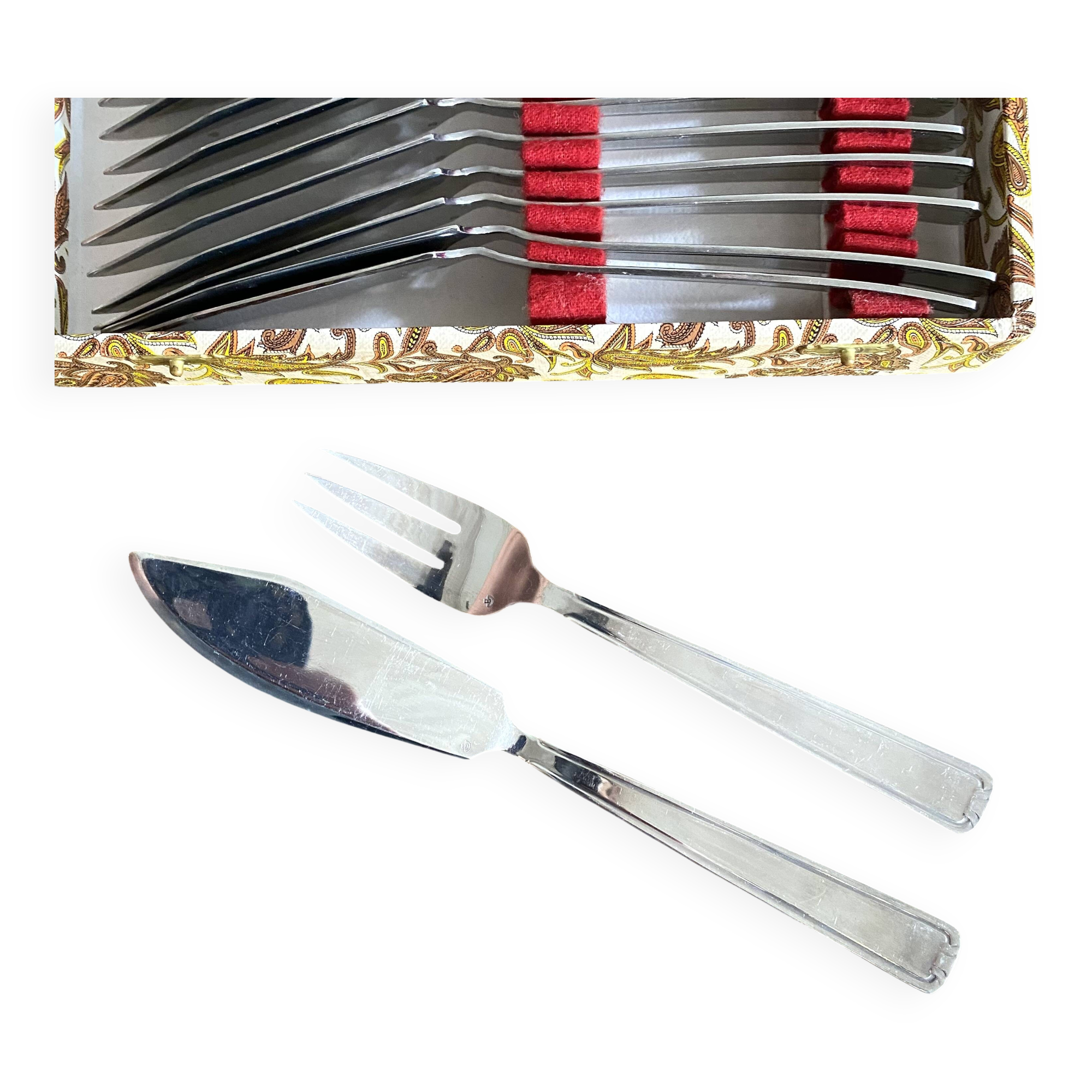 Vintage stainless steel fish cutlery – 12 knives + 12 forks – 1960s