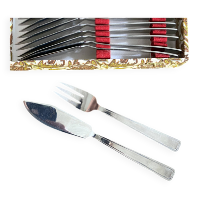 Couverts à poisson vintage inox – 12 couteaux + 12 fourchettes – Années 60
