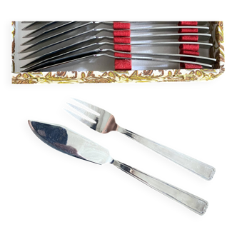 Couverts à poisson vintage inox – 12 couteaux + 12 fourchettes – Années 60
