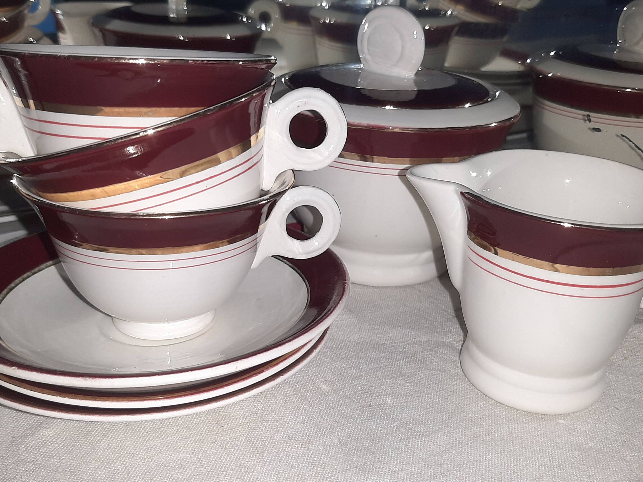 Vintage coffee service for 3 people in cream white with gold burgundy edging