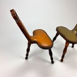 Set of 2 mid century brutalist oak tripod stools, 1960s