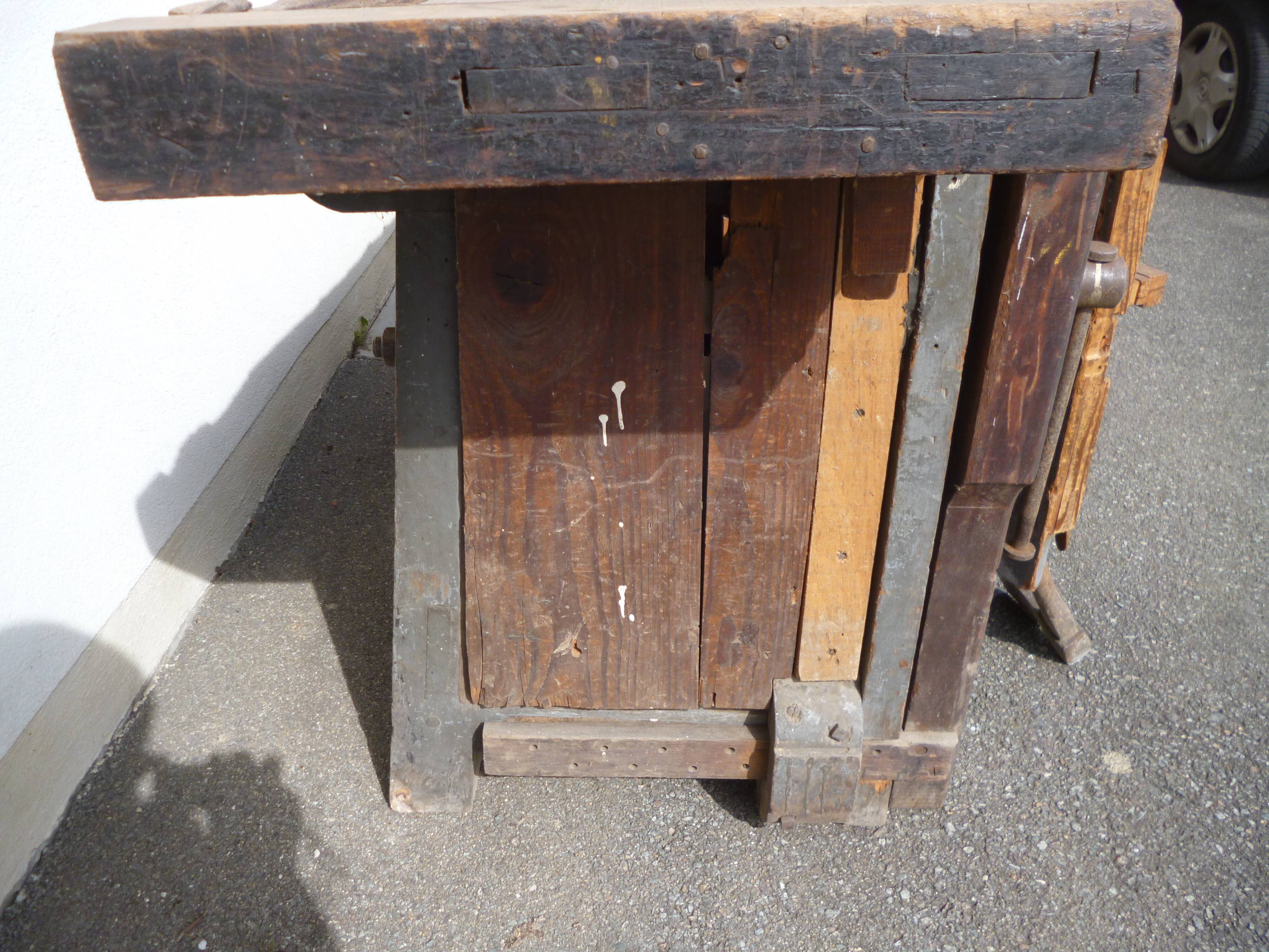 Peugeot brand old green patina wooden workbench