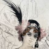 Table Color engraving "L'élégante" by Alméry LOBEL-RICHE (1880-1950)