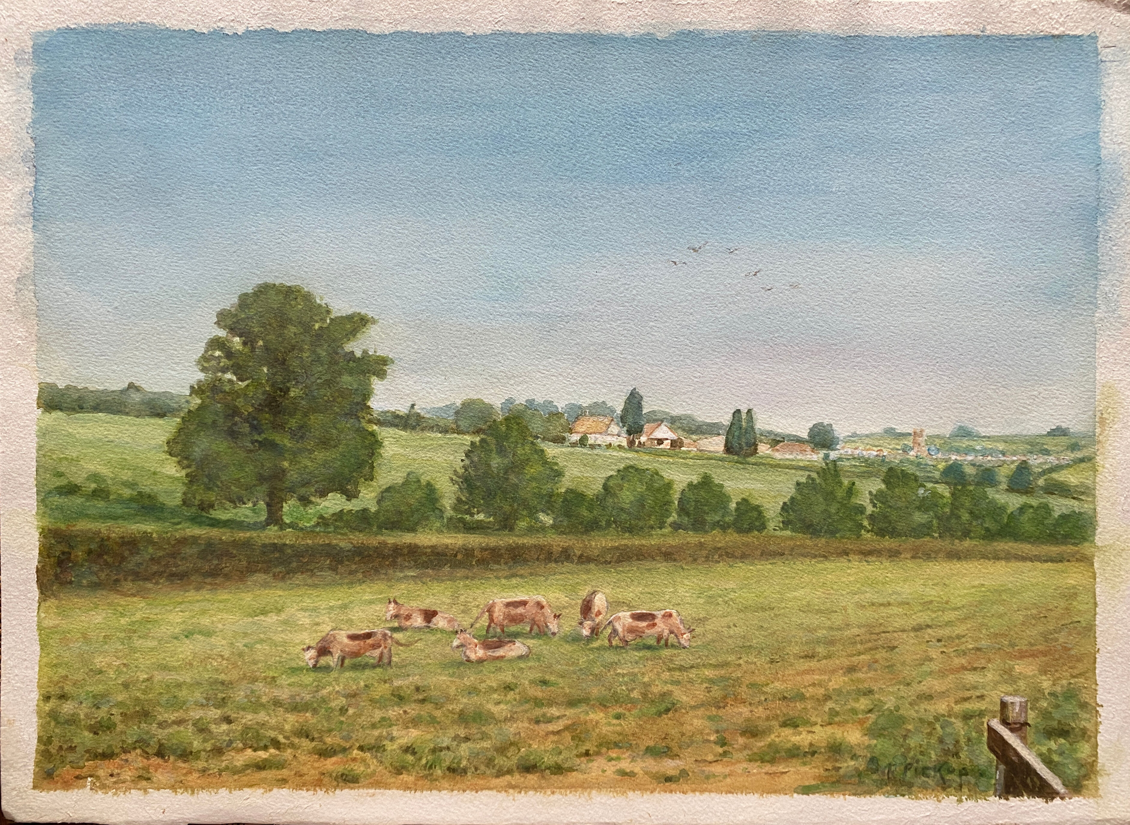 Watercolor painting "Countryside landscape with village and pasture" signed Pickop