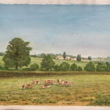 Watercolor painting "Countryside landscape with village and pasture" signed Pickop