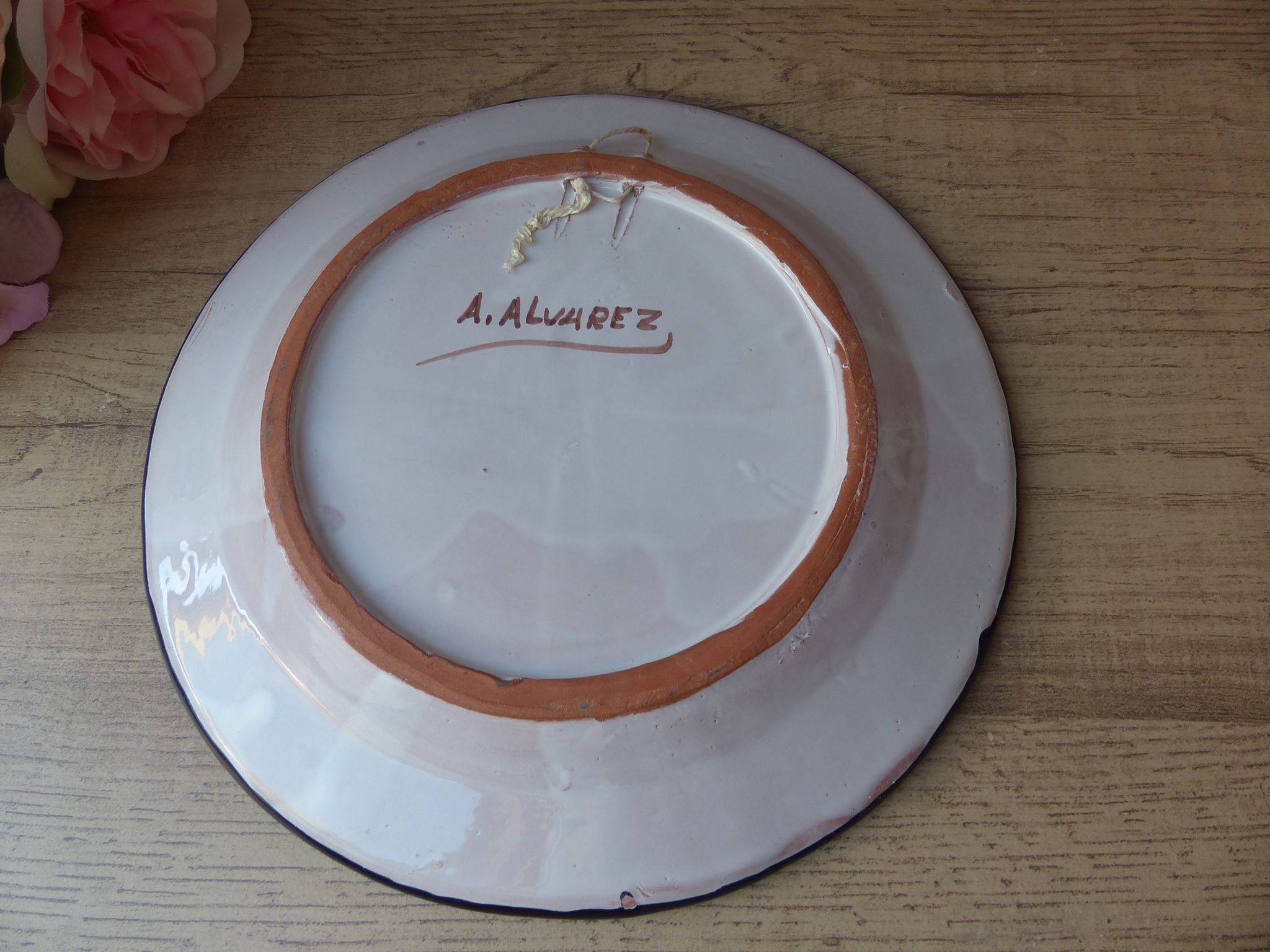 Antique faience plate with blue decoration stamped A. Alvarez, serving dish, appetizer plate.