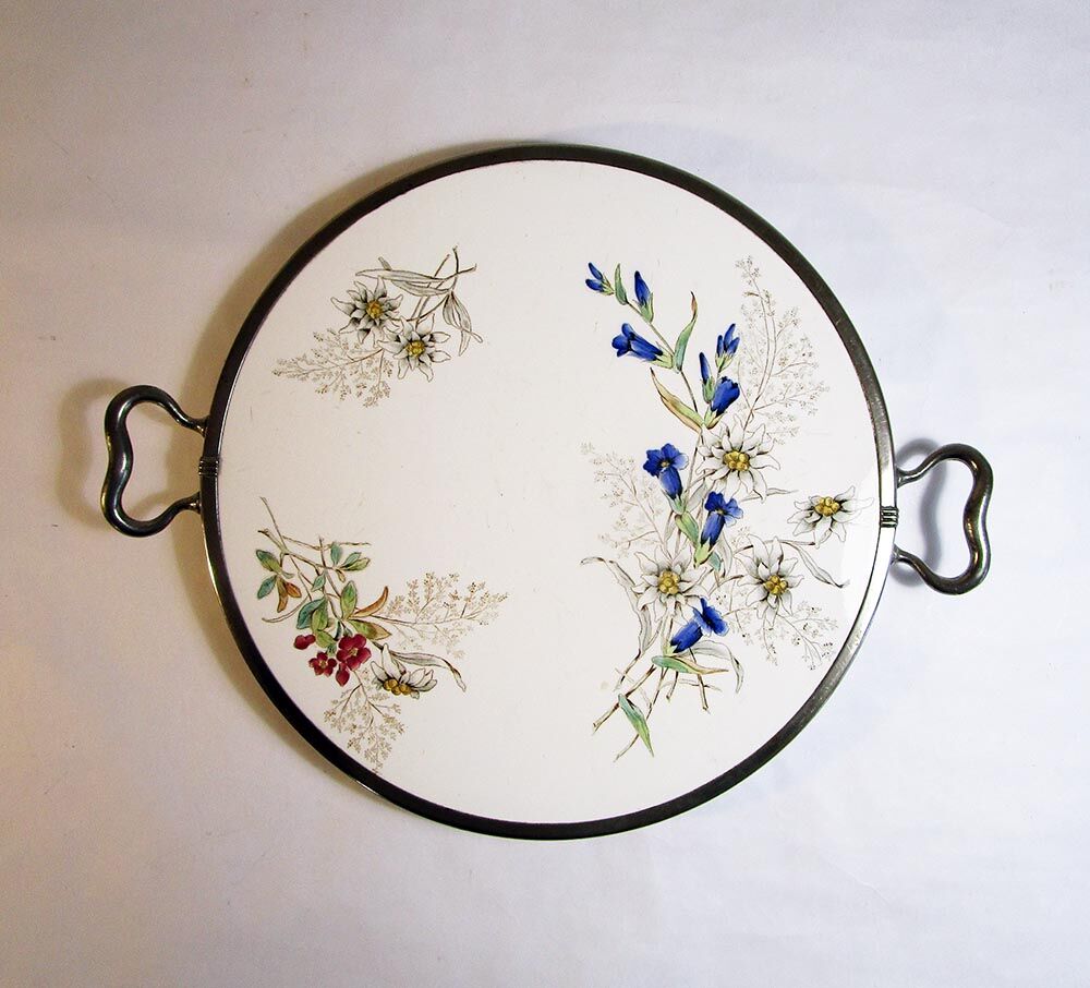 Round tray in earthenware and metal with handles