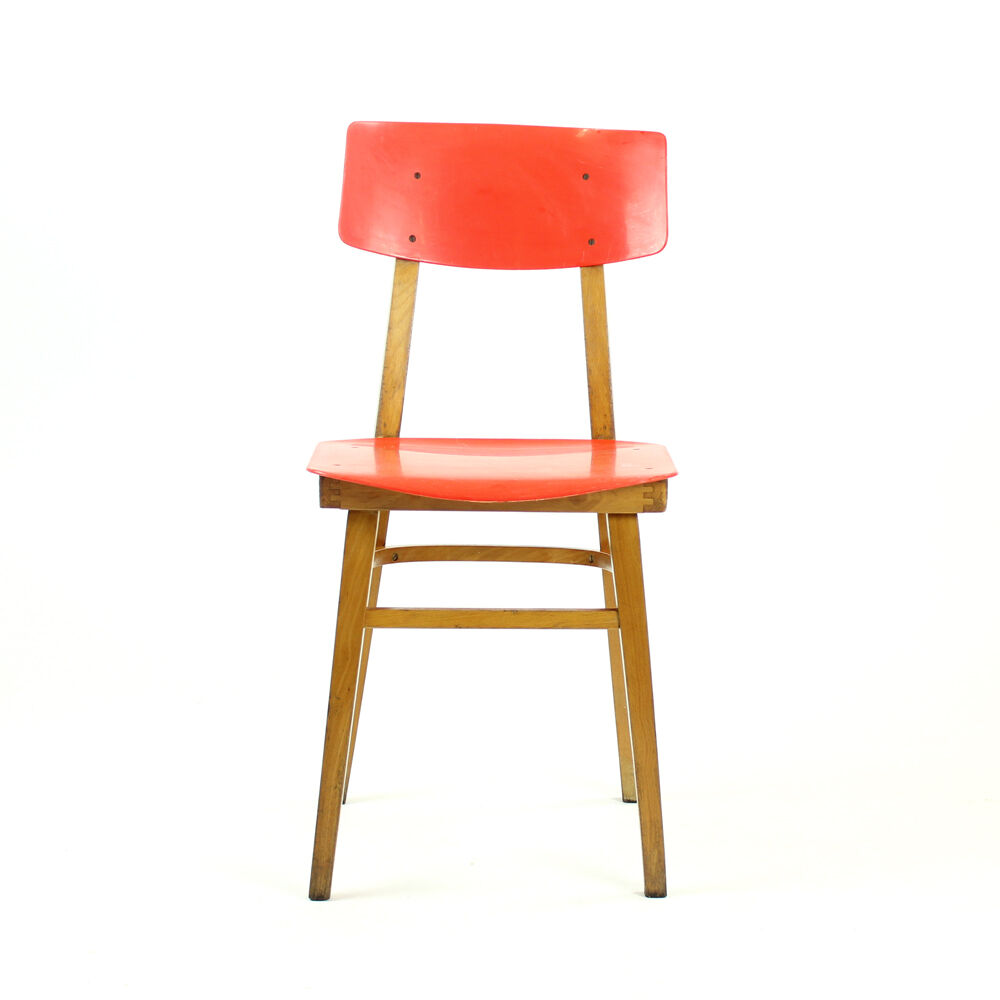 Midcentury chair in red and beech wood, Czechoslovakia circa 1960