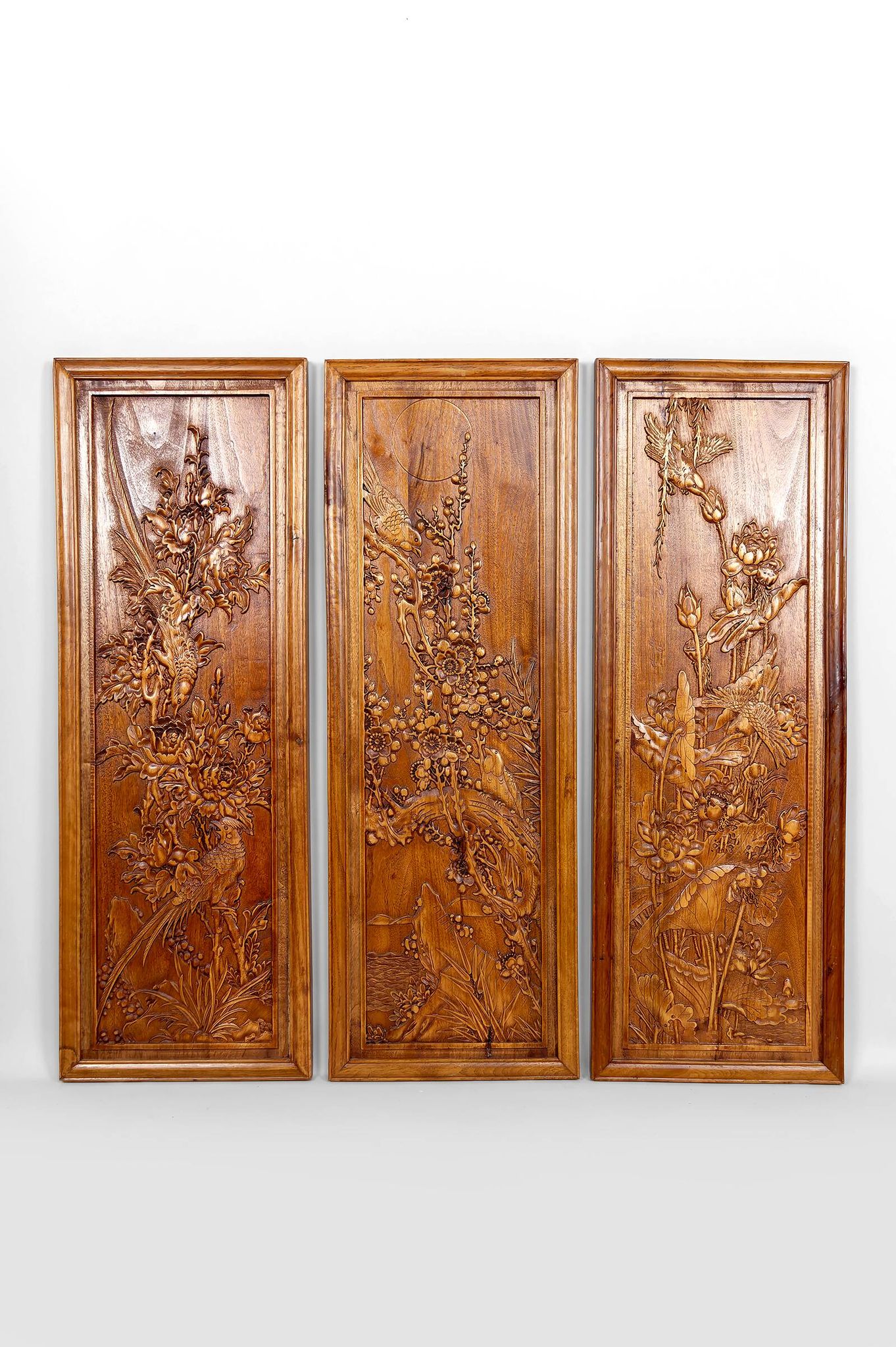 3 carved wooden panels, floral and animal decorations, Indochina