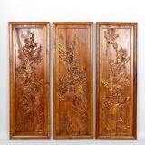 3 Panneaux en bois sculpté, Décors Floraux et Animaliers, Indochine