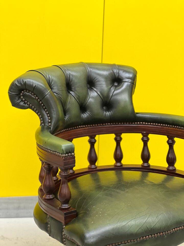 Chesterfield Revolving Captain's Chair with Green Leather Upholstery