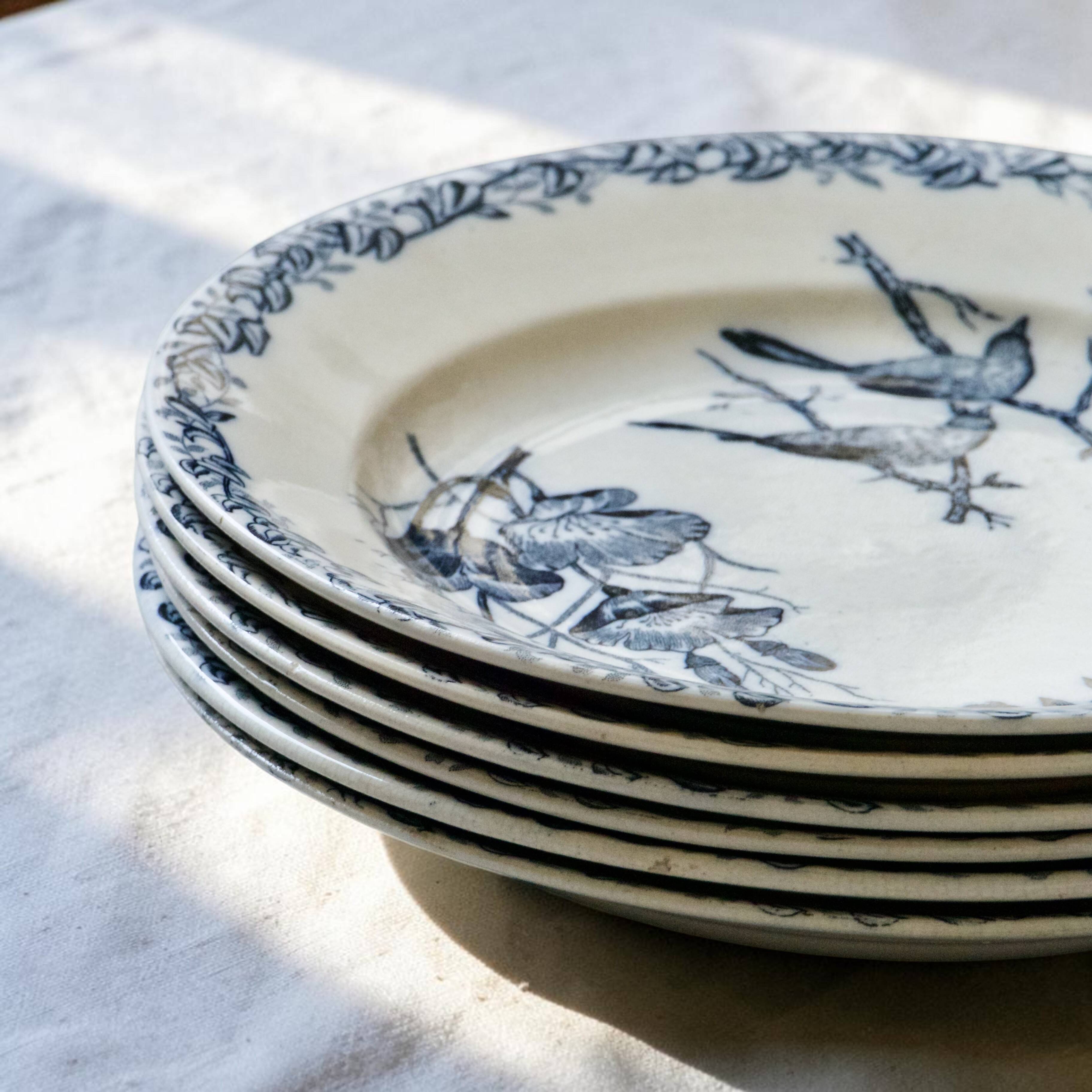 Assiettes plates oiseaux du XIXe siècle terre de fer signées Onnaing