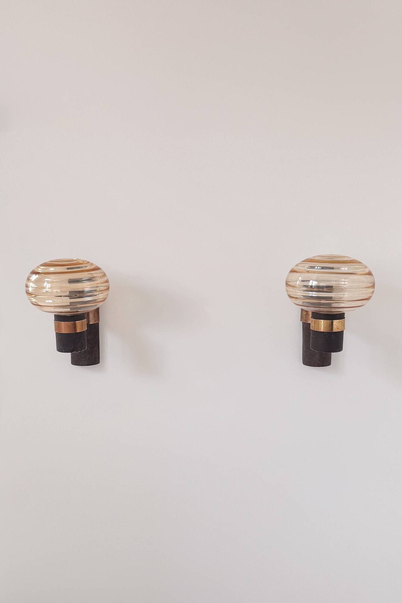 Pair of vintage wall lights, brass and amber glass, France, 1970.