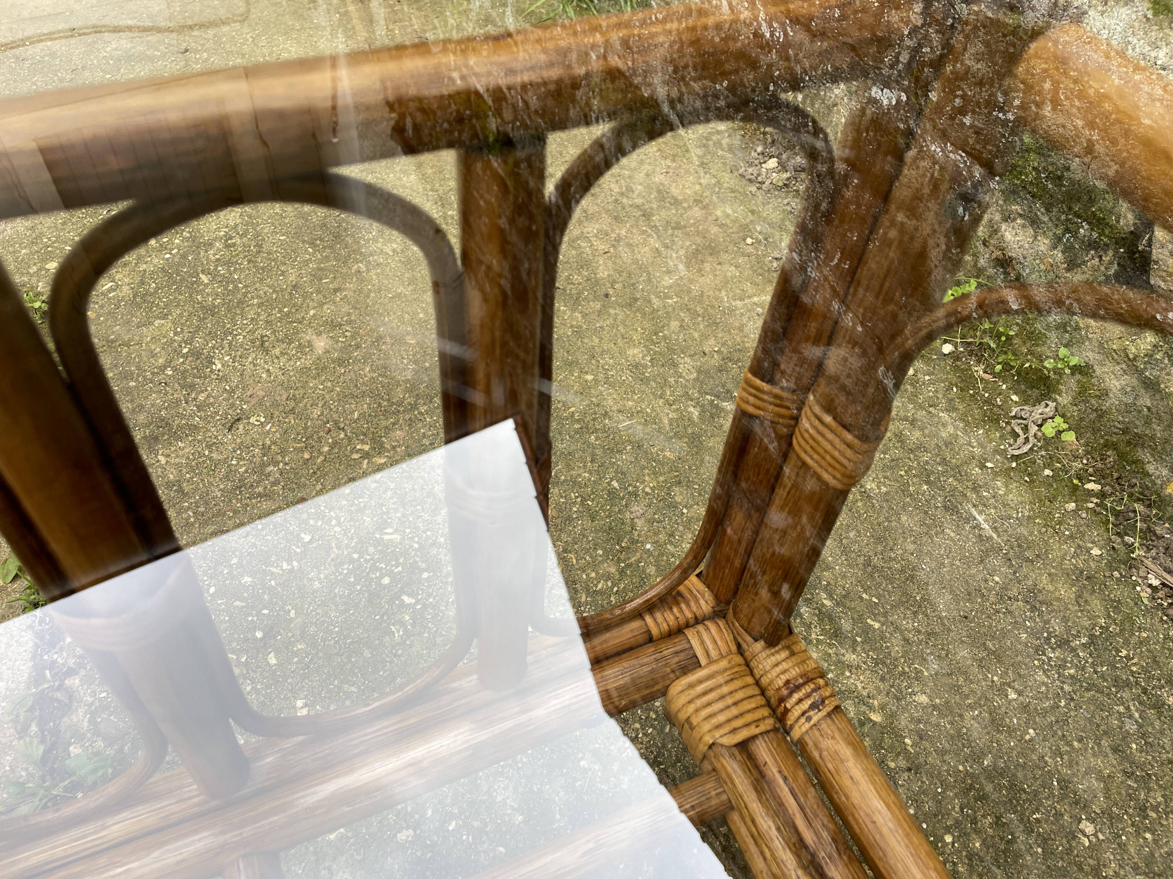 Square coffee table in smoked glass and bamboo, 1970.