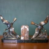 Pair of art deco seagull bookends in regulates and marble, bookcase, desk