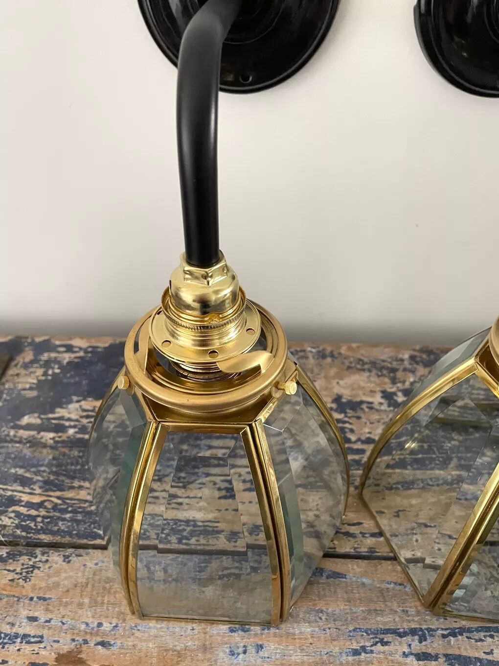 Pair of vintage glass and brass sconces electrified to nine