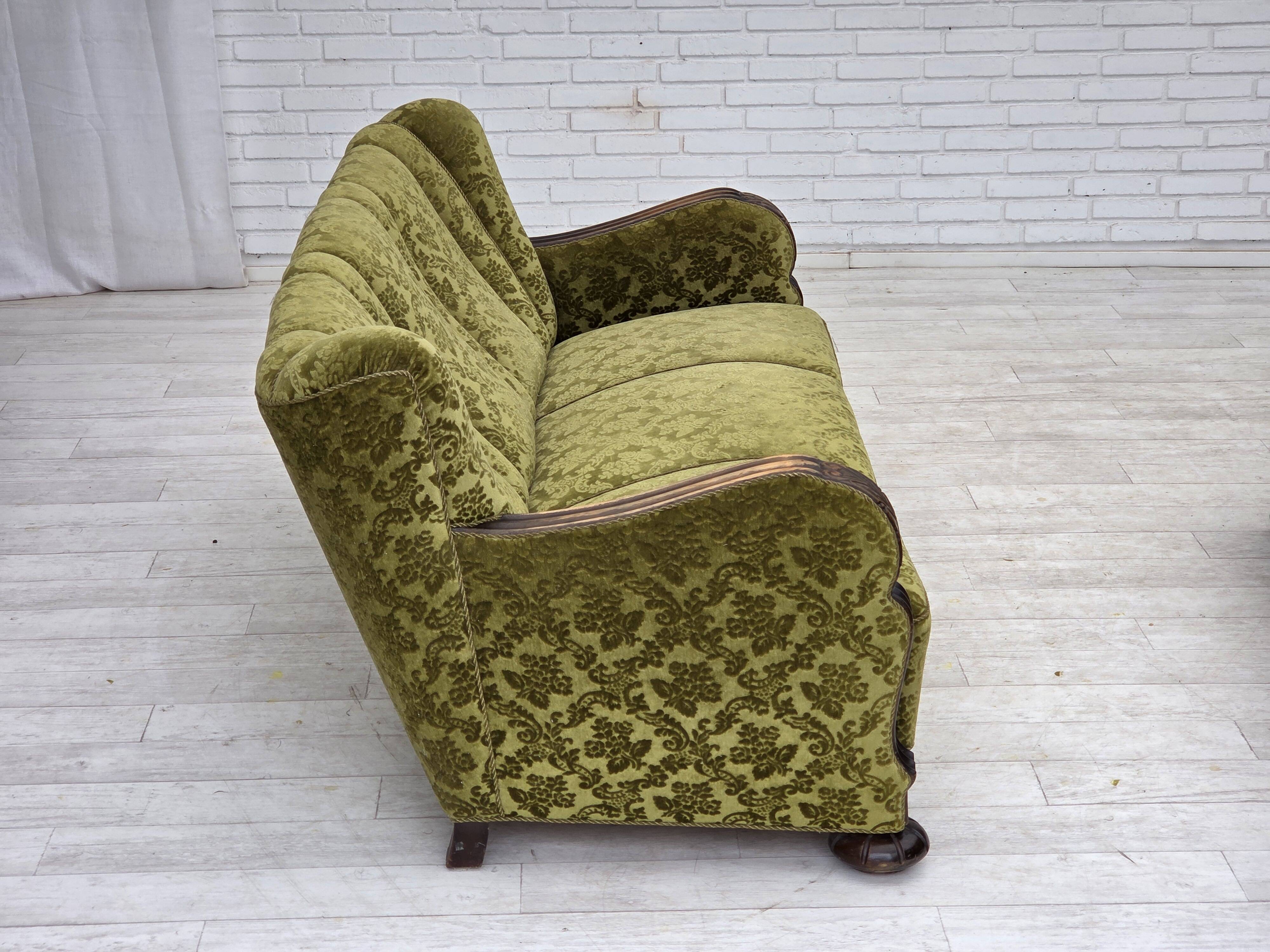 1960s, Danish 3-seater sofa, furniture velour, carved oak wood.